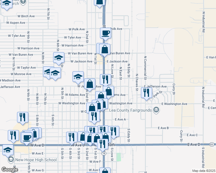 map of restaurants, bars, coffee shops, grocery stores, and more near 121 East Jefferson Avenue in Lovington
