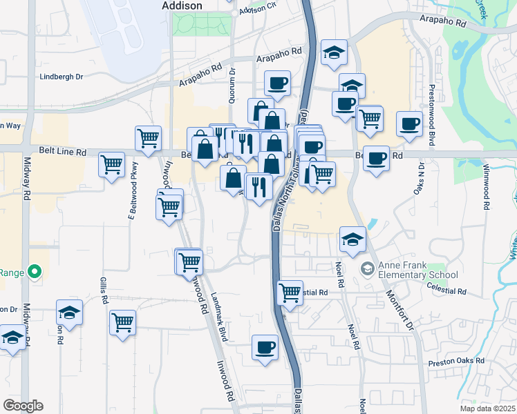 map of restaurants, bars, coffee shops, grocery stores, and more near 14901 Dallas North Tollway in Dallas