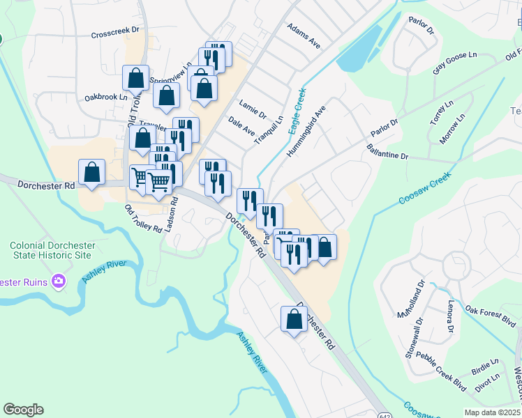 map of restaurants, bars, coffee shops, grocery stores, and more near 105 Hummingbird Avenue in Ladson