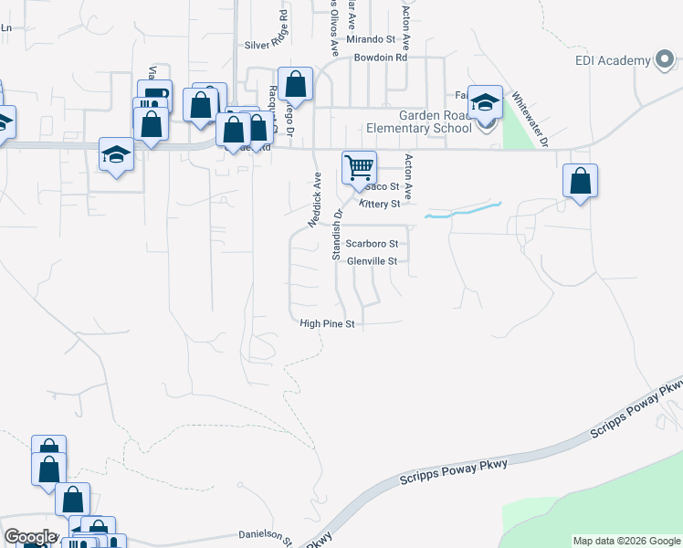 map of restaurants, bars, coffee shops, grocery stores, and more near 13001 Standish Drive in Poway