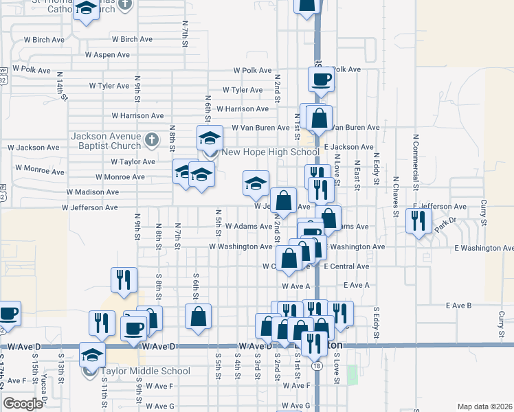 map of restaurants, bars, coffee shops, grocery stores, and more near 300 West Jefferson Avenue in Lovington