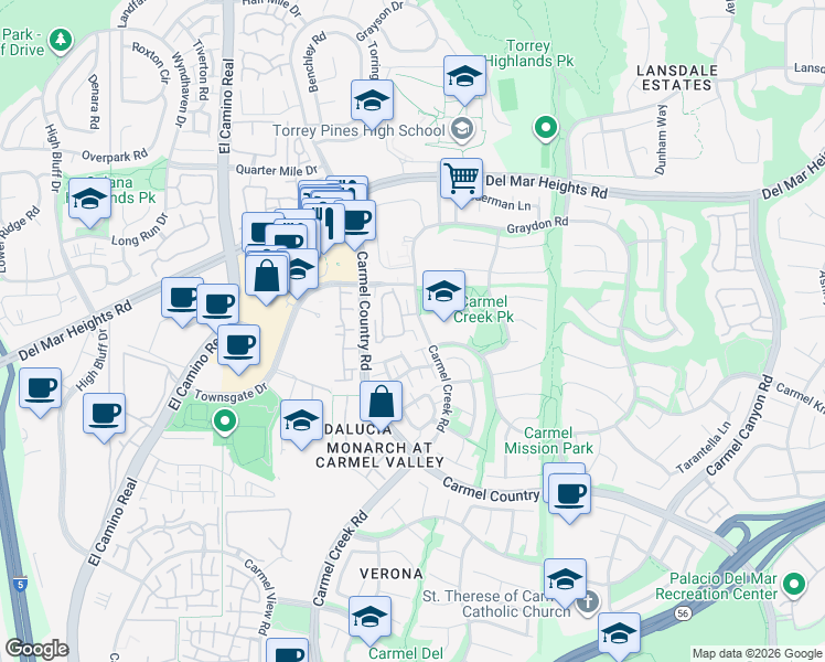 map of restaurants, bars, coffee shops, grocery stores, and more near 12914 Carmel Creek Road in San Diego