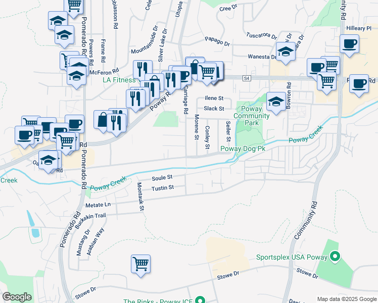 map of restaurants, bars, coffee shops, grocery stores, and more near 12738 La Vista Way in Poway