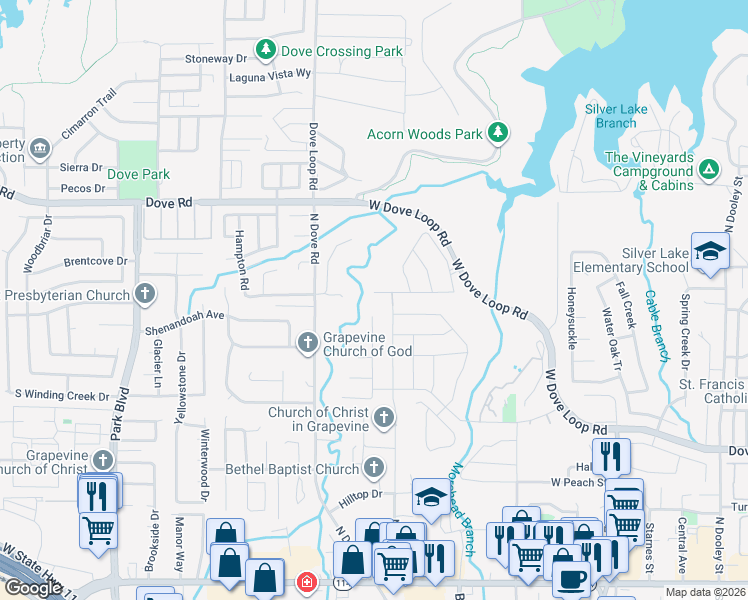 map of restaurants, bars, coffee shops, grocery stores, and more near 1070 Lavon Drive in Grapevine