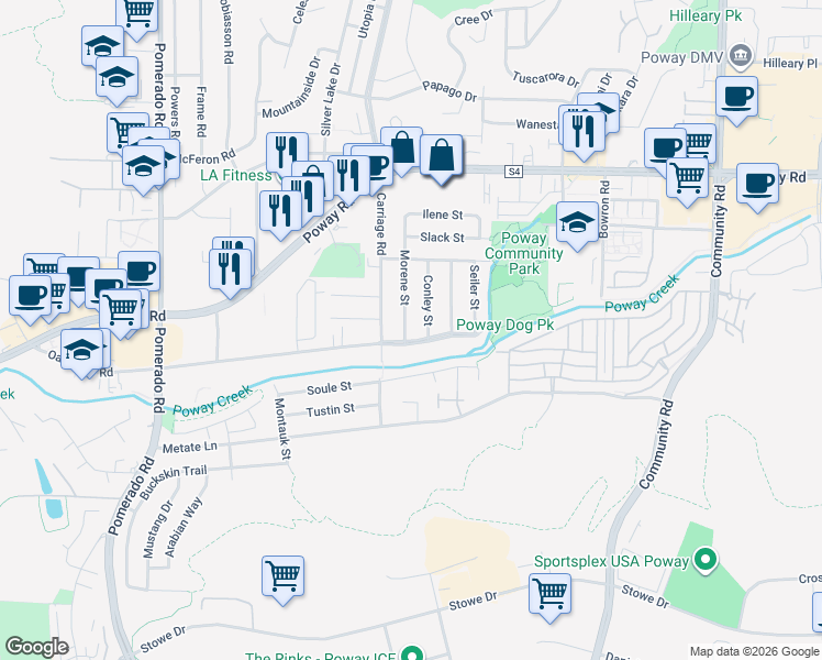 map of restaurants, bars, coffee shops, grocery stores, and more near 12946 Conley Street in Poway