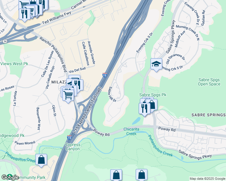 map of restaurants, bars, coffee shops, grocery stores, and more near 10796 Sabre Hill Drive in San Diego