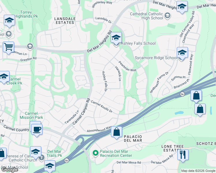 map of restaurants, bars, coffee shops, grocery stores, and more near 4968 Hidden Dune Court in San Diego