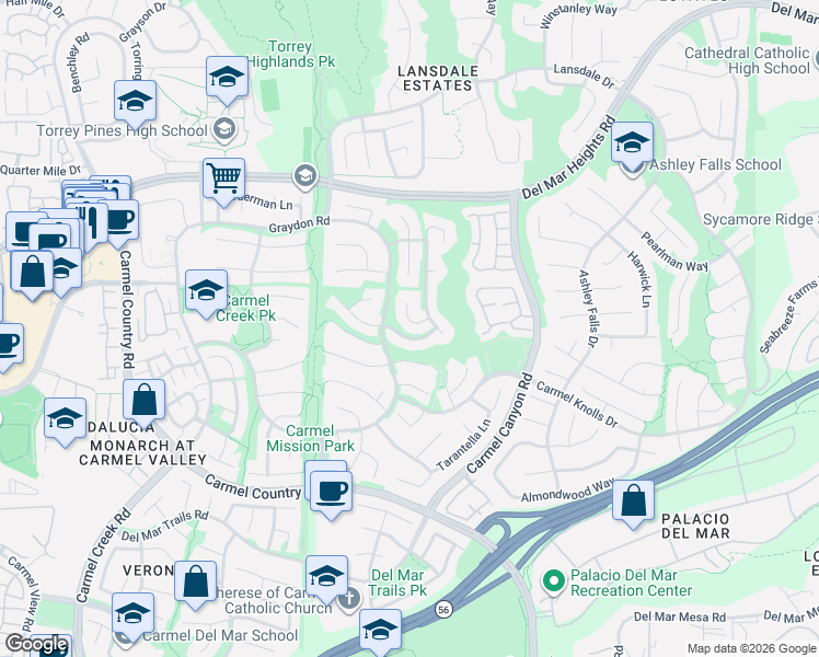 map of restaurants, bars, coffee shops, grocery stores, and more near 4530 Saddle Mountain Court in San Diego