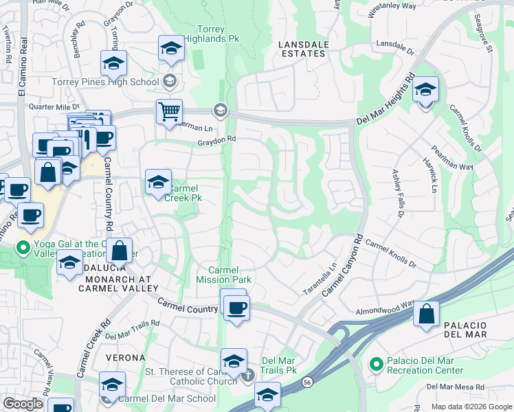 map of restaurants, bars, coffee shops, grocery stores, and more near 12887 Pine Meadow Court in San Diego