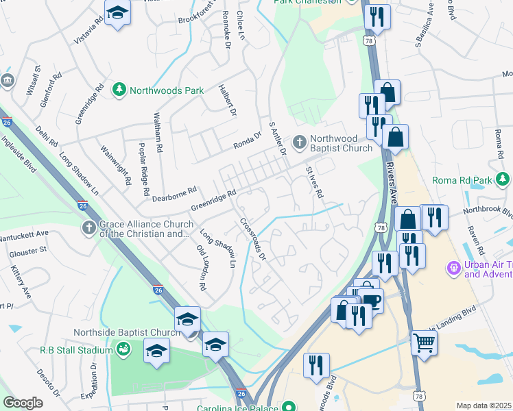 map of restaurants, bars, coffee shops, grocery stores, and more near 8102 Ramsgate Road in North Charleston