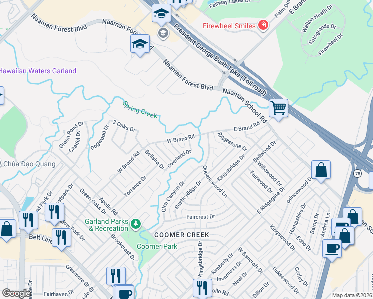 map of restaurants, bars, coffee shops, grocery stores, and more near 440 West Brand Road in Garland