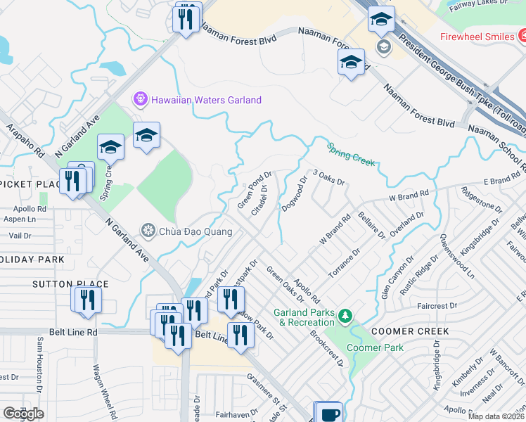 map of restaurants, bars, coffee shops, grocery stores, and more near 3825 Citadel Drive in Garland