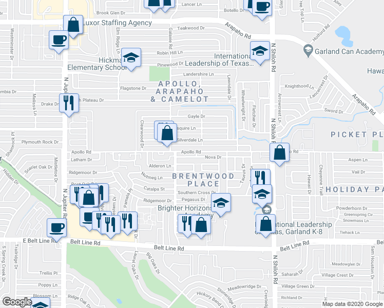 map of restaurants, bars, coffee shops, grocery stores, and more near 2914 Silverdale Lane in Garland