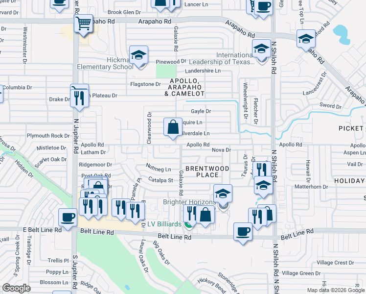 map of restaurants, bars, coffee shops, grocery stores, and more near 2942 Silverdale Lane in Garland