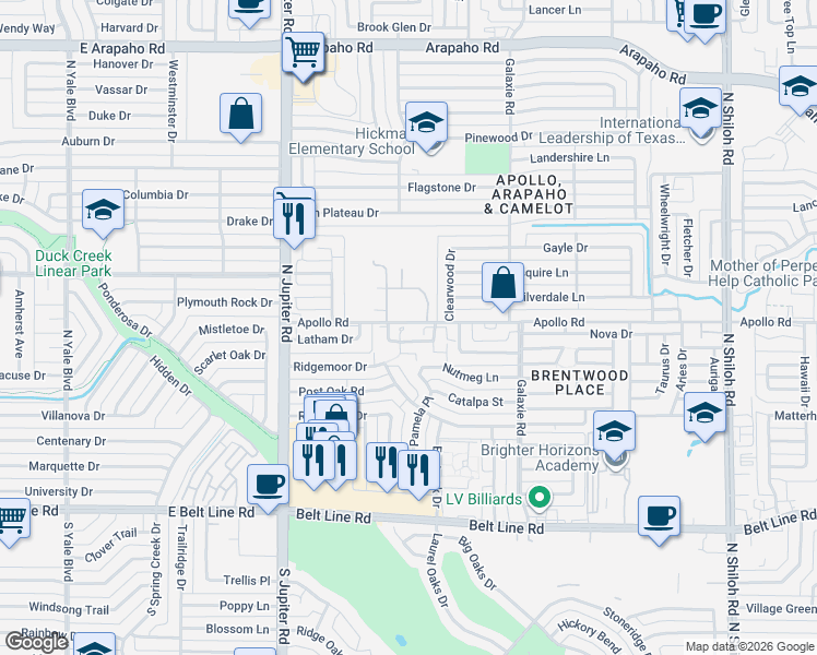 map of restaurants, bars, coffee shops, grocery stores, and more near 3217 Apollo Road in Garland