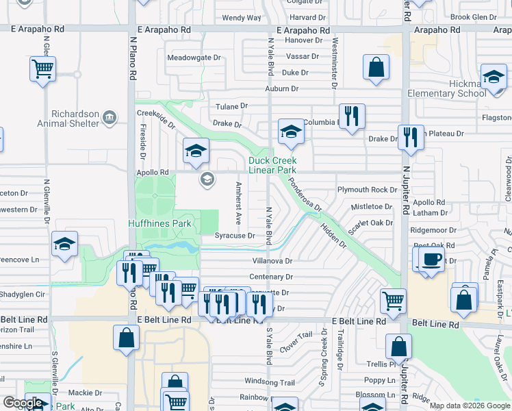 map of restaurants, bars, coffee shops, grocery stores, and more near 8 Harolds Circle in Richardson
