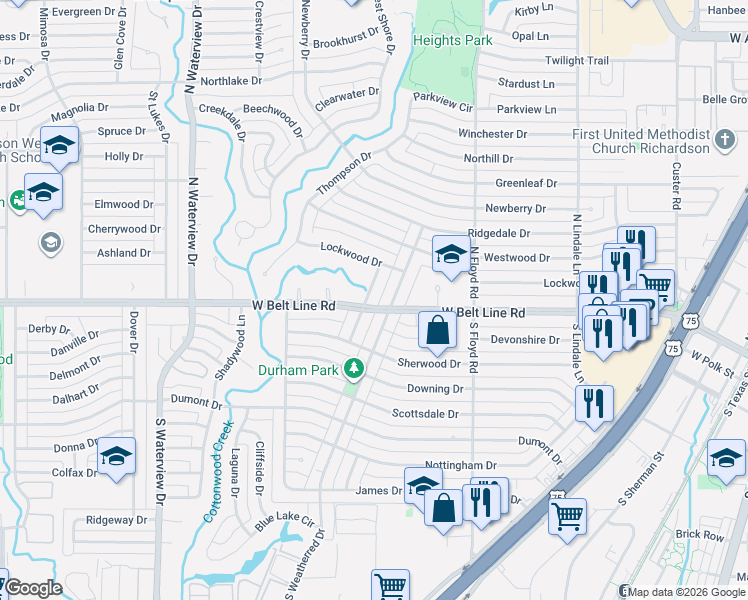 map of restaurants, bars, coffee shops, grocery stores, and more near 105 North Gentle Drive in Richardson