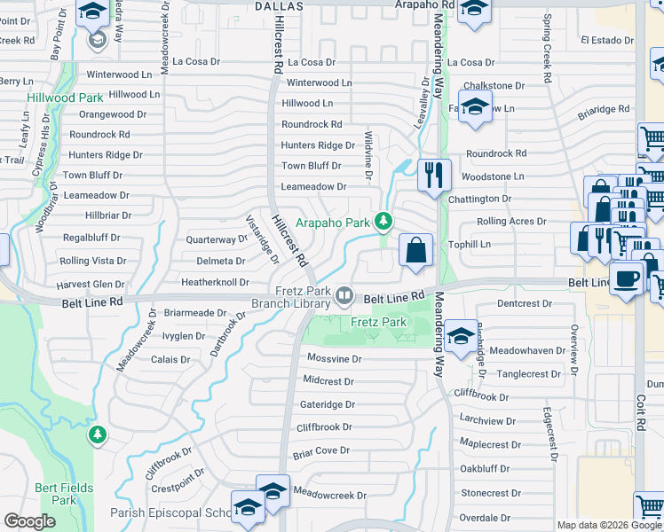 map of restaurants, bars, coffee shops, grocery stores, and more near 14912 Knollview Drive in Dallas