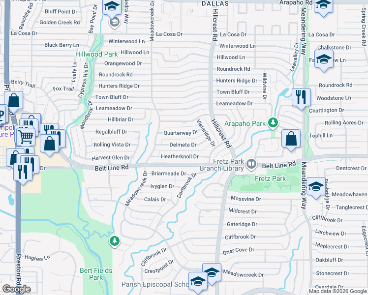 map of restaurants, bars, coffee shops, grocery stores, and more near 6916 Quarterway Drive in Dallas