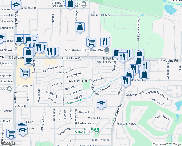 map of restaurants, bars, coffee shops, grocery stores, and more near 2247 Reagan Boulevard in Carrollton