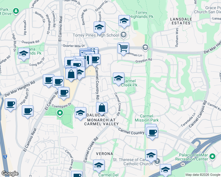 map of restaurants, bars, coffee shops, grocery stores, and more near 12916 Carmel Creek Road in San Diego