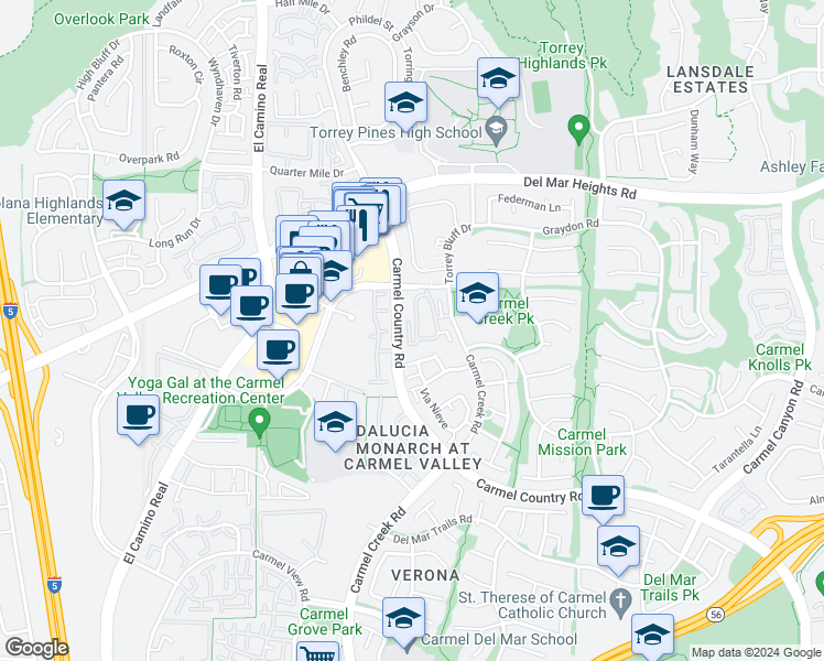 map of restaurants, bars, coffee shops, grocery stores, and more near 12940 Carmel Creek Road in San Diego
