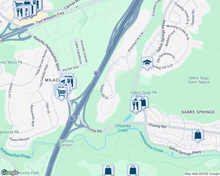 map of restaurants, bars, coffee shops, grocery stores, and more near 10776 Sabre Hill Drive in San Diego