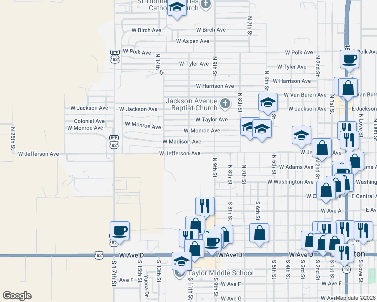 map of restaurants, bars, coffee shops, grocery stores, and more near 1099 West Madison Avenue in Lovington