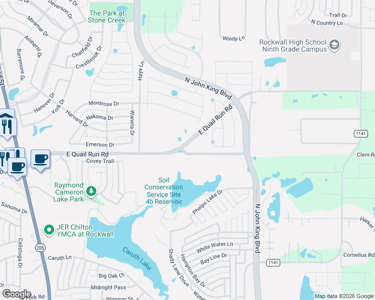map of restaurants, bars, coffee shops, grocery stores, and more near 1244 East Quail Run Road in Rockwall
