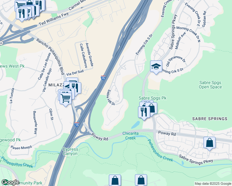 map of restaurants, bars, coffee shops, grocery stores, and more near 10766 Sabre Hill Drive in San Diego