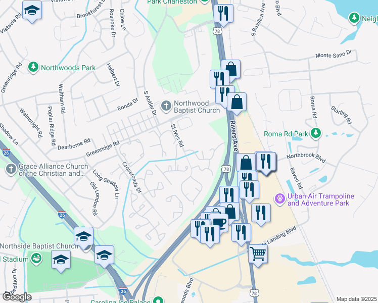 map of restaurants, bars, coffee shops, grocery stores, and more near 7930 St Ives Rd in North Charleston