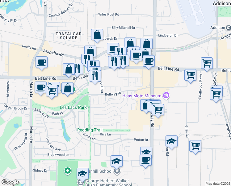 map of restaurants, bars, coffee shops, grocery stores, and more near 4067 Beltway Drive in Addison
