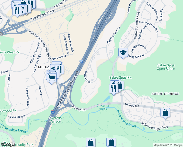 map of restaurants, bars, coffee shops, grocery stores, and more near 10810 Sabre Hill Drive in San Diego