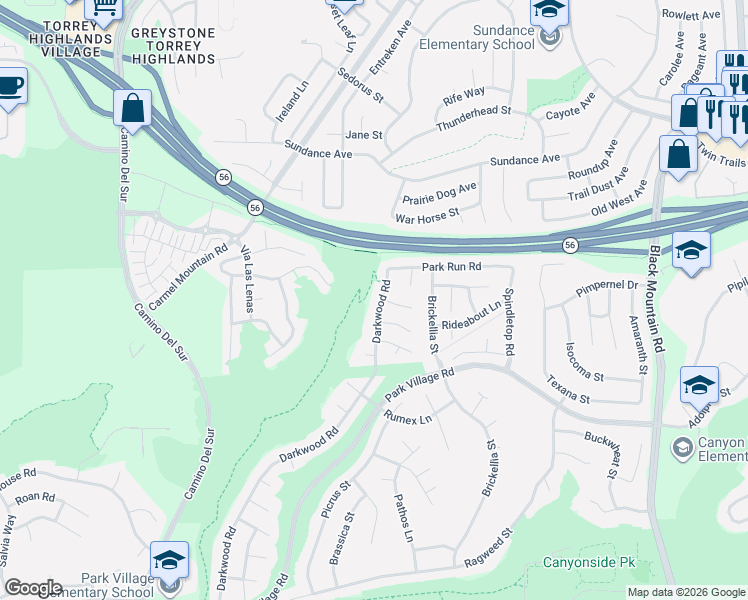 map of restaurants, bars, coffee shops, grocery stores, and more near 12646 Darkwood Road in San Diego