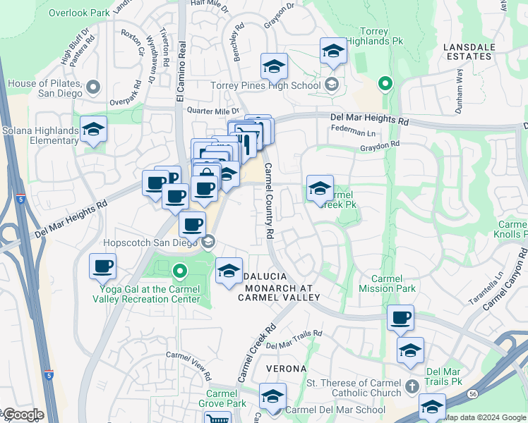 map of restaurants, bars, coffee shops, grocery stores, and more near 12680 Carmel Country Road in San Diego