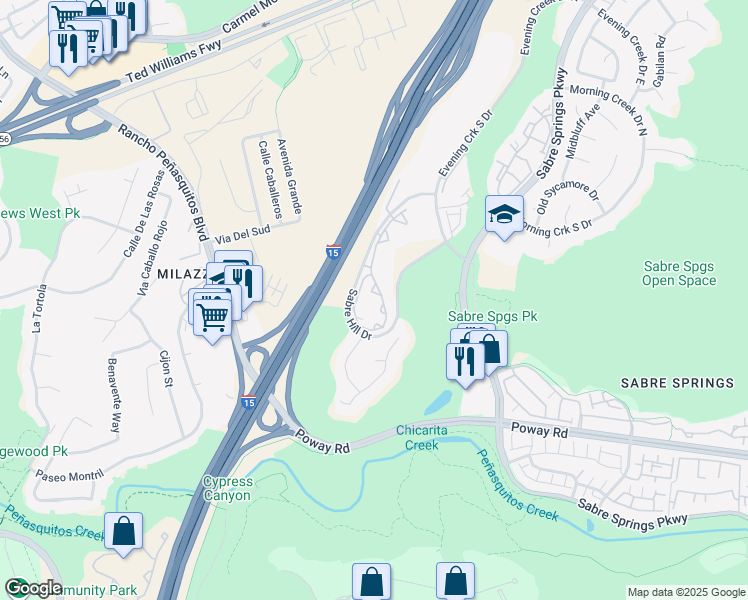 map of restaurants, bars, coffee shops, grocery stores, and more near 10766 Sabre Hill Drive in San Diego