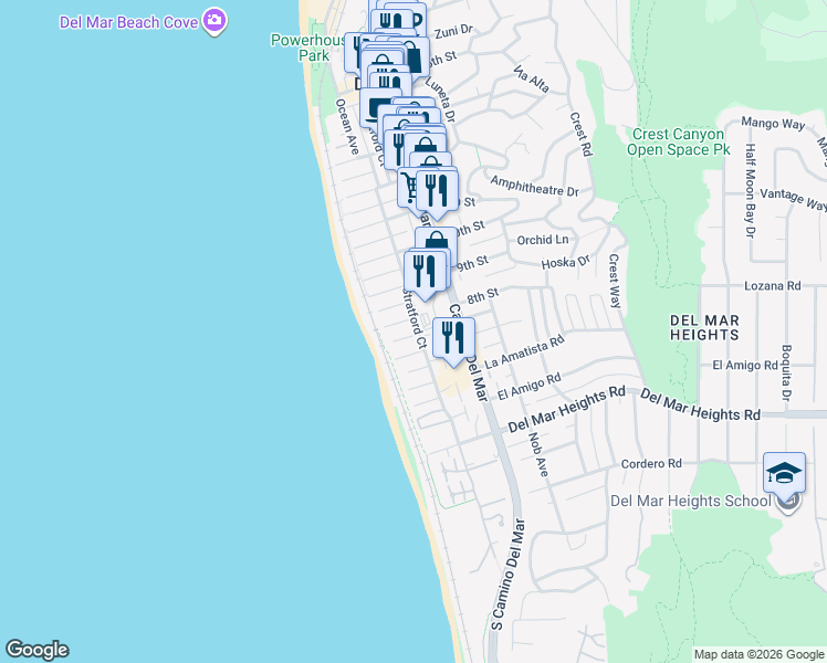 map of restaurants, bars, coffee shops, grocery stores, and more near 819 Stratford Court in Del Mar