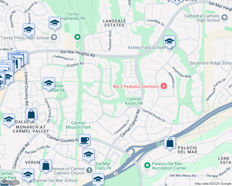 map of restaurants, bars, coffee shops, grocery stores, and more near 12835 Chaparral Ridge Road in San Diego