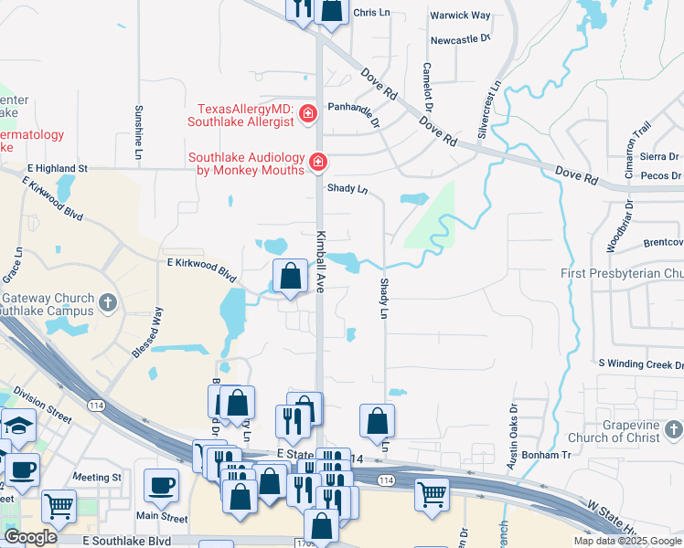 map of restaurants, bars, coffee shops, grocery stores, and more near 801 North Kimball Avenue in Southlake
