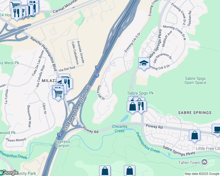 map of restaurants, bars, coffee shops, grocery stores, and more near 10810 Sabre Hill Drive in San Diego