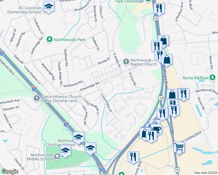 map of restaurants, bars, coffee shops, grocery stores, and more near 2245 Greenridge Road in North Charleston