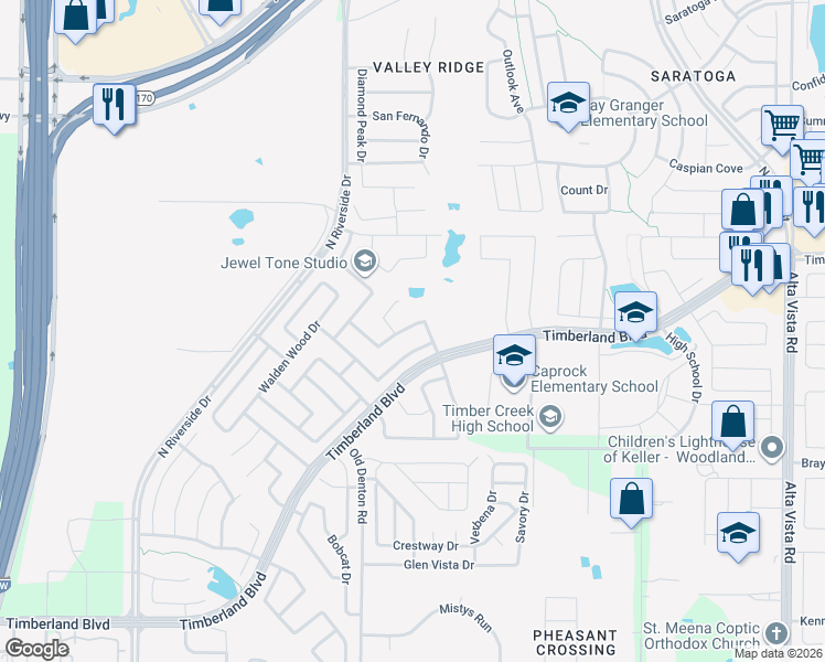 map of restaurants, bars, coffee shops, grocery stores, and more near 3012 Hollow Valley Drive in Fort Worth