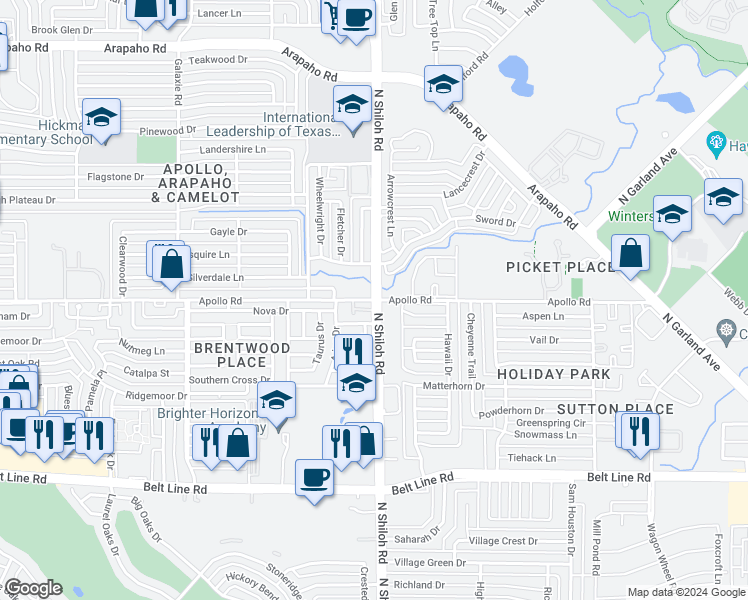 map of restaurants, bars, coffee shops, grocery stores, and more near N Shiloh Rd & Apollo Rd in Garland