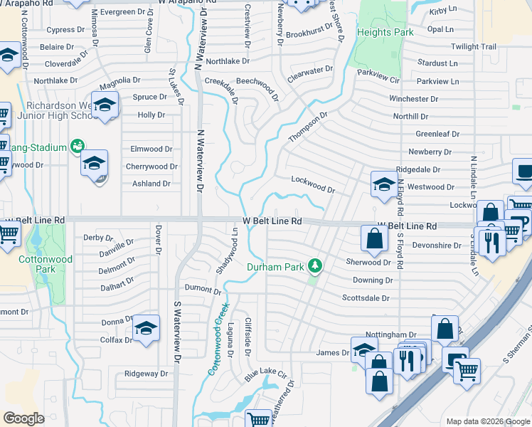 map of restaurants, bars, coffee shops, grocery stores, and more near 828 Belt Line Plaza in Richardson