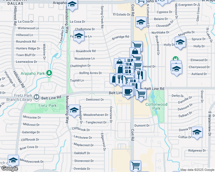 map of restaurants, bars, coffee shops, grocery stores, and more near 14833 Spring Creek Road in Dallas