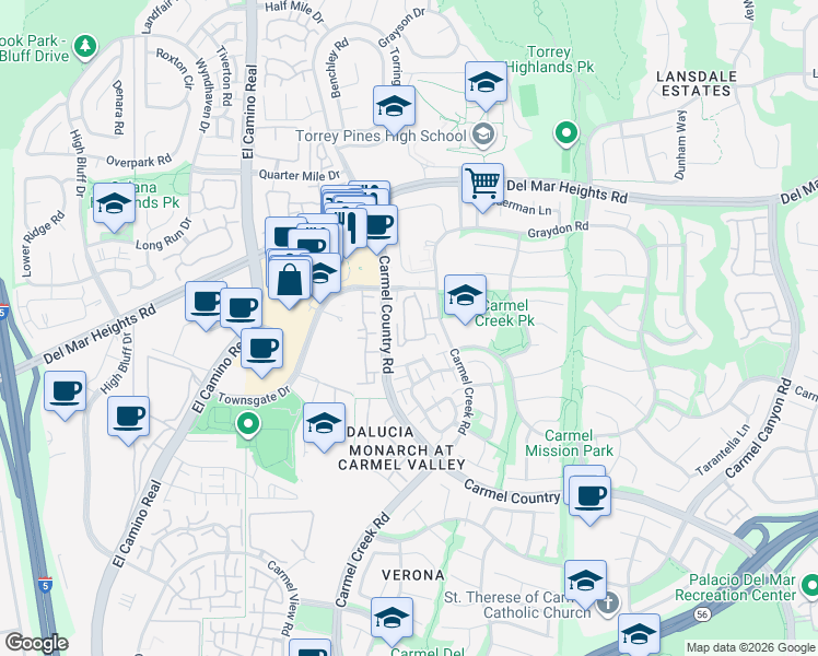 map of restaurants, bars, coffee shops, grocery stores, and more near 12938 Carmel Creek Road in San Diego