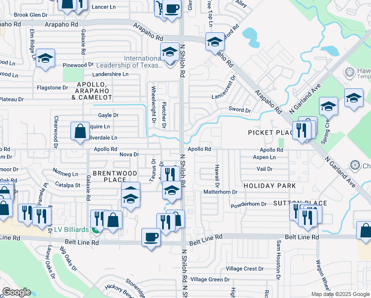 map of restaurants, bars, coffee shops, grocery stores, and more near 2481 Apollo Road in Garland