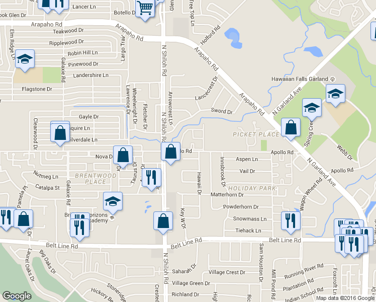map of restaurants, bars, coffee shops, grocery stores, and more near 2317 Apollo Road in Garland