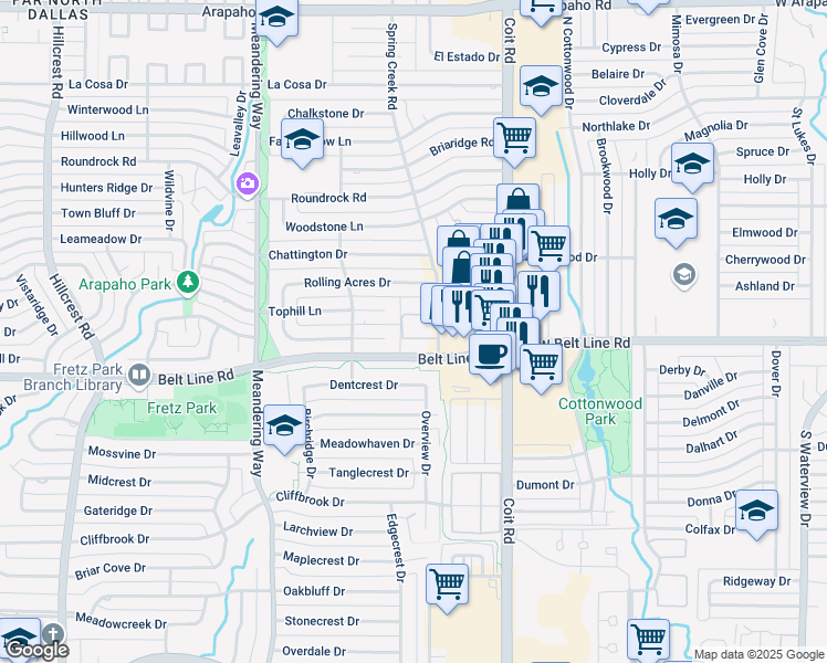 map of restaurants, bars, coffee shops, grocery stores, and more near 14833 Spring Creek Road in Dallas