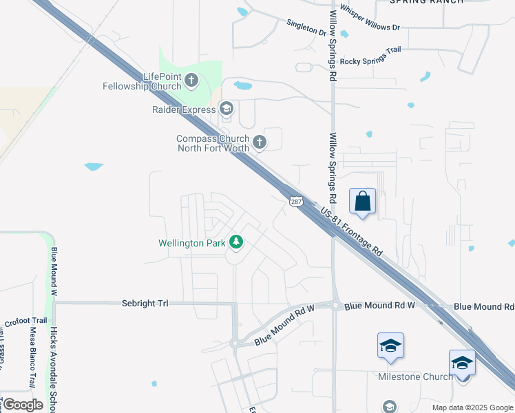 map of restaurants, bars, coffee shops, grocery stores, and more near 1900 Blue Mound Road West in Haslet